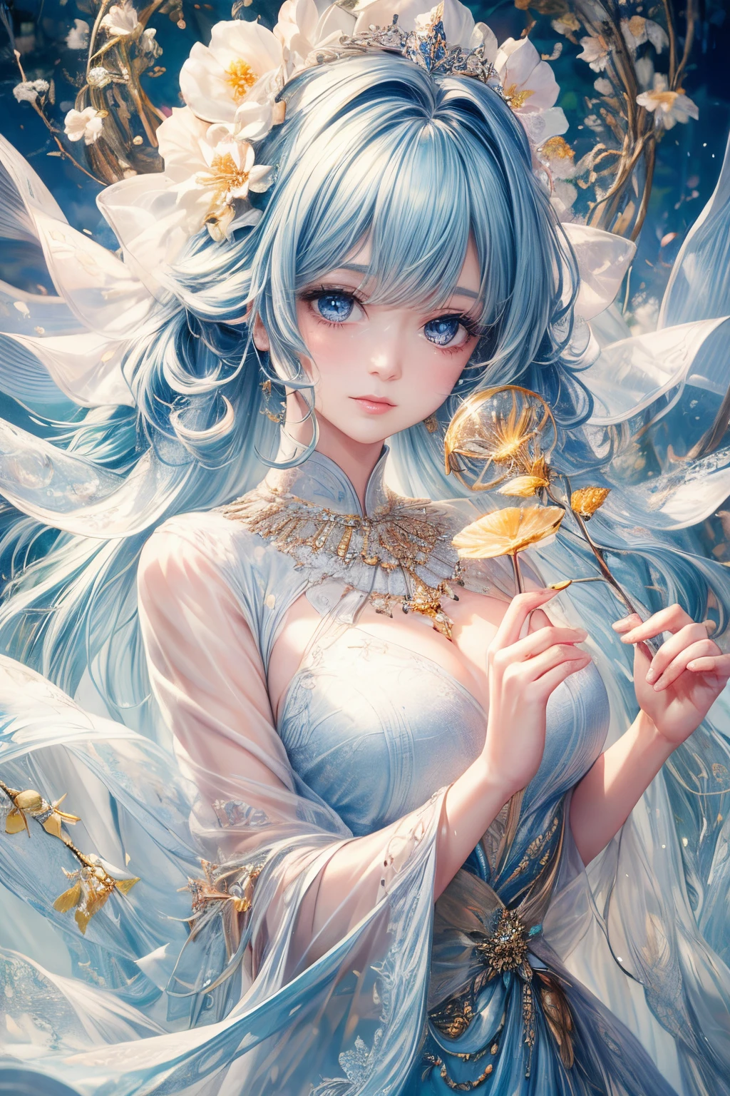 (best quality:1.4),(masterpiece:1.4),ultra-detailed,8K,CG,exquisite,upper body,lonely,thumb girl,little princess,chiffon court dress,garden background,detailed facial features,long curly hair,almond-shaped eyes,delicate eye makeup,long eyelashes,sparkling starry eyes,as well as star-like gaze, intricate lip details,soft and harmonious style.