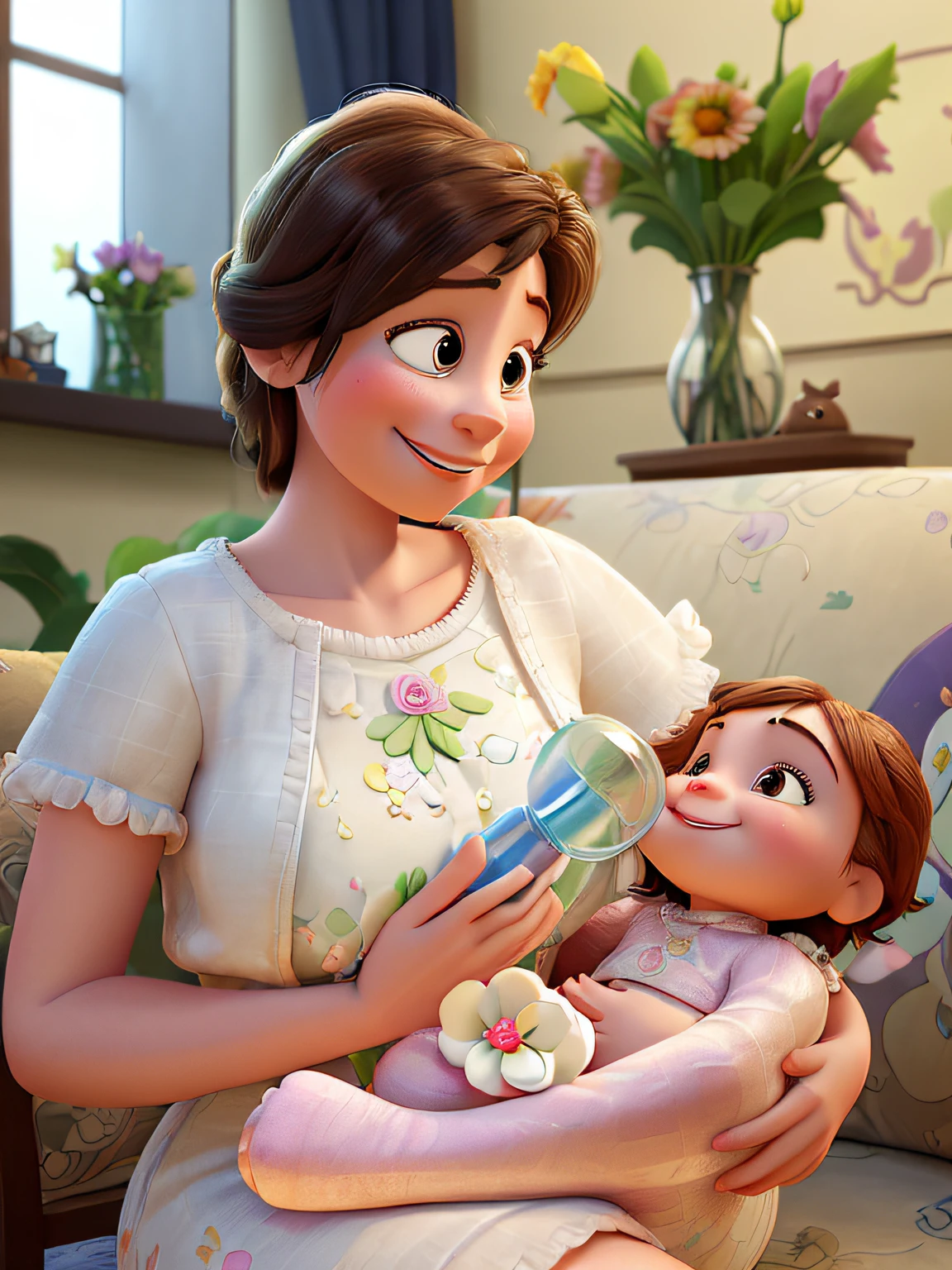 Smiling lady sitting and giving a bottle to a newborn on her lap with a vase of flowers in the background, Estilo Pixar, High definition, best definition of baby'cara, best baby definition'cara