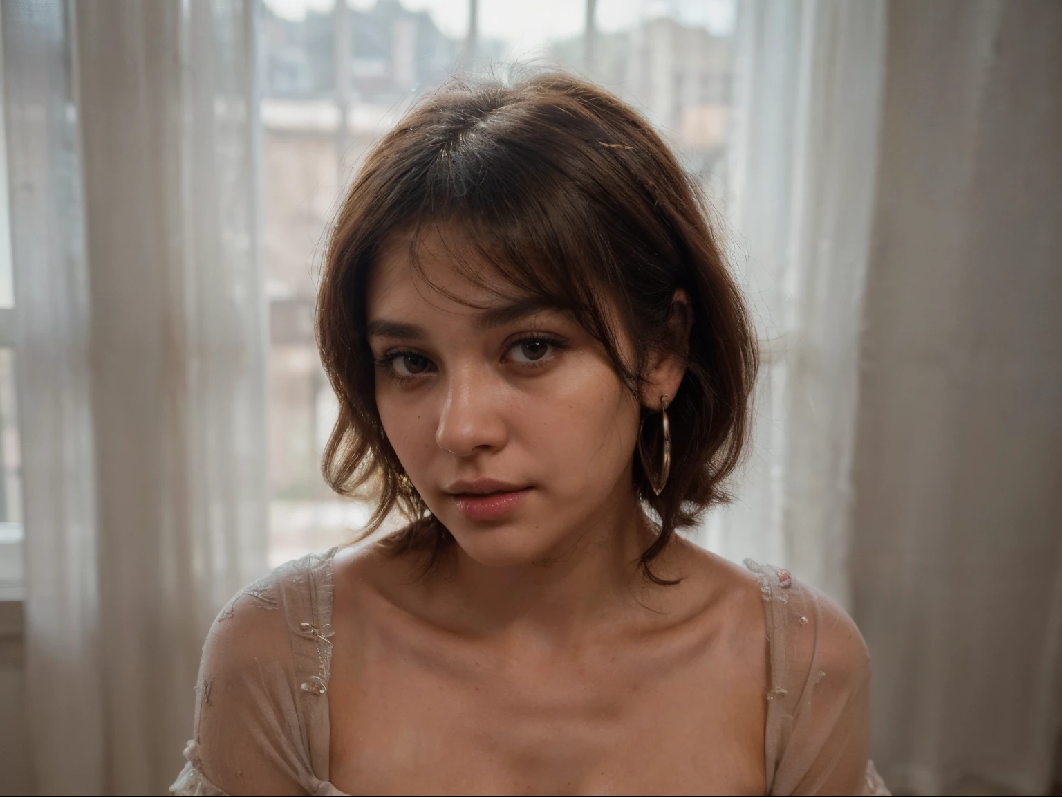 a woman with short bob hair, flawless olive skin, (she's extremely surprised, most beautiful woman on earth, carefully lifts corner of blanket, long hair bangs, (joyful surprise expression), a stunning female , Her skin smooth and radiant, (she's curious to see under sheets),white sheer fabric drapery background, (highest quality fabric texture), lush drapery with accent highlights, film quality, sun-kissed blushing skinned woman, blushing, (ultra-realistic , she's in deep darkness ,soft accent window light, gorgeous Rembrandt style lighting, (Rembrandt patch), (highest quality fabric texture), matte gray fabric, Her luscious, hair, framing her face, ultra-realistic, adorned with long, fluttering lashes, the color of sunset, a world of seduction and passion. Finely detailed,(Fine-grained), (highest detail skin texture peach-fuzz earlobe realistic) ○○ res – ultra high high resolution , very high texture res(light resolution), Realistic – Realistic Photorealistic hands and fingers – (photorealistic beautiful 4k) , 8K,extreme detail, close and intimate, captivating, teasing, Her perfectly sculpted lips, lifelike, highly real lipgloss,painted a bold shade of crimson. she Ingres, Vermeer, a work of art, curvaceous and enticing. indulge in the exploration of desire.solo woman, (highest quality fabric texture), every detail,Fine facial features, Masterpiece – Masterpiece ○○ quality – ○○ quality best quality(Highest Quality) ,Leica film, best, solo female, High quality (hiquality) etc ○○ detailed – ○○ details ultra detailed(Ultra-fine ), Photorealistic, Extremely detailed(Extremely detailed) , Finely detailed(Fine-grained), (highest detail skin texture peachfuzz earlobe realisttc ○○ res – ○○ resolution ultra high res(A high resolution) , very high texture