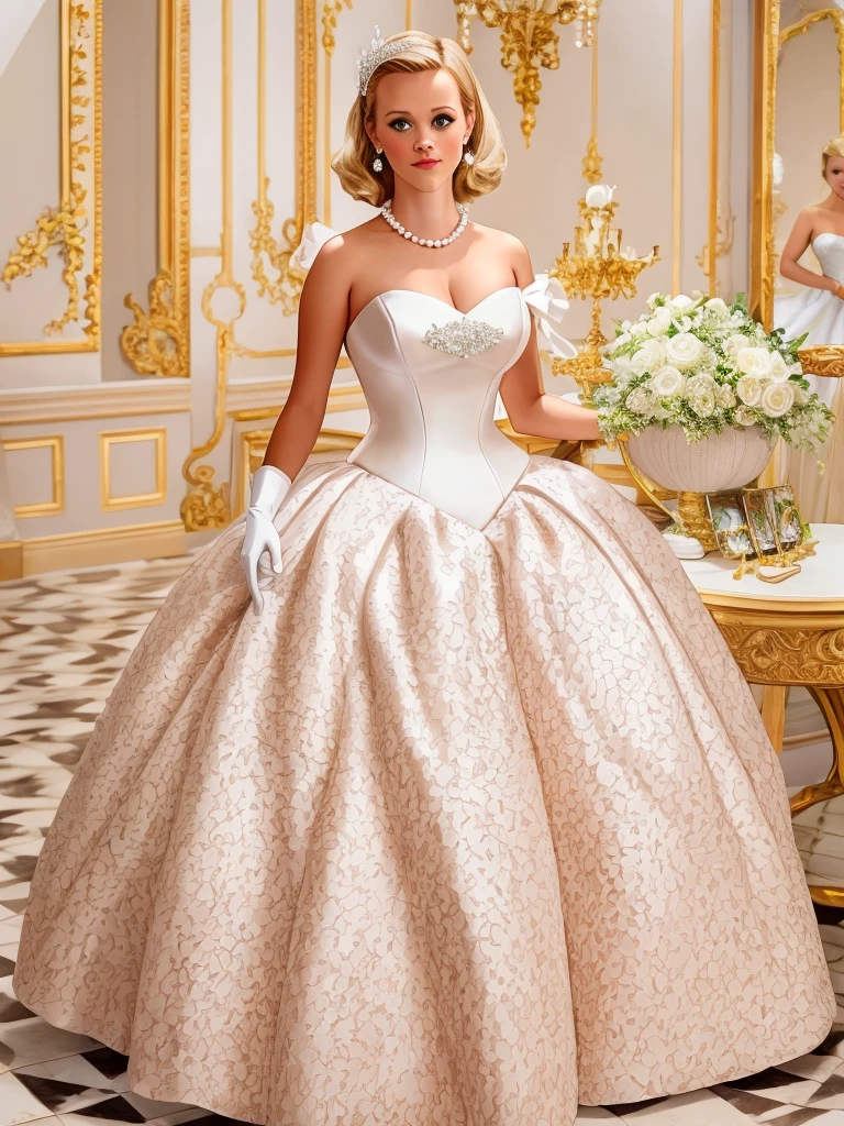 1950s style, Stunningly beautiful young blonde Reese Witherspoon wearing a debutante ballgown, long white gloves, and pearls