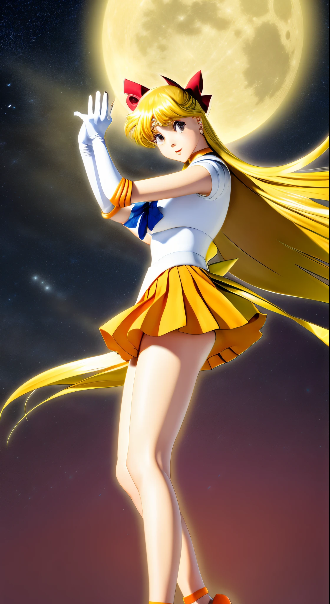 masutepiece, Best Quality, hight resolution, SV1, Sailor Senshi Uniform, Orange skirt, elbow groves, tiarra, Pleated skirt, Miniskirt, Red bow, orangechoker, White Gloves, Jewelry, Starry sky, badass pose, slight smile, Portrait, floating, Moon, Upper body