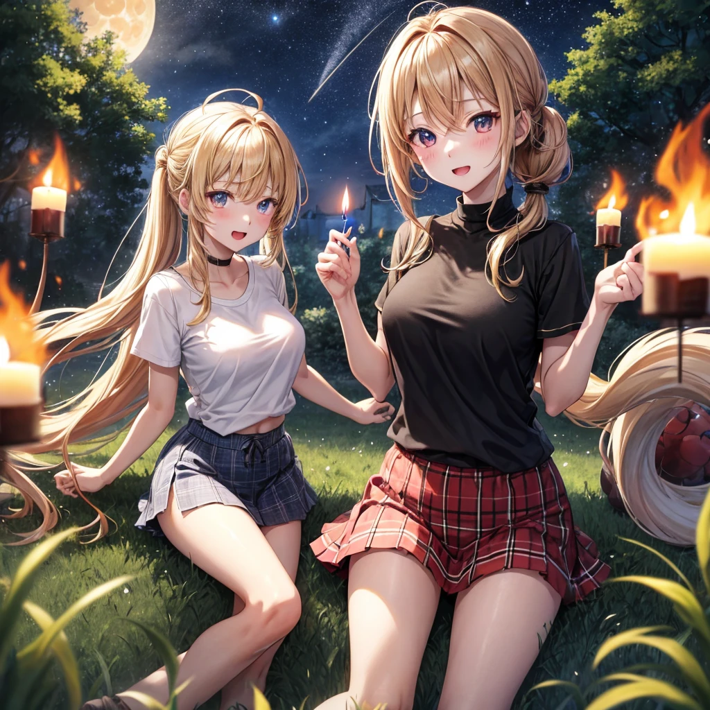 Red-blonde、poneyTail、verd s eyes、one good looking girl、独奏、animesque、lightly dressed、Plaid miniskirt、a black T-shirt、large tree、grass field、fullmoon、candle fire、Meteor swarm、starrysky、are flying、drak