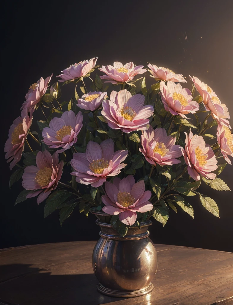 (best quality,ultra-detailed,realistic:1.37),(HDR,UHD,studio lighting,extreme detail description,professional),(Oil painting,physically-based rendering),Portraits,metal flower,shiny color,delicate petals,glossy texture,illuminated by soft light,contrasting background.