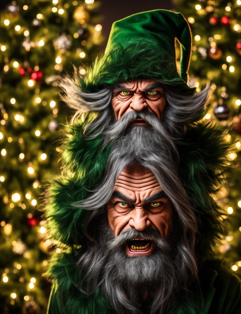 (best quality,highres,masterpiece:1.2),ultra-detailed,realistic,portrait,green,Grinch,evil grinning face,vivid colors,furry texture,long fingers,Christmas tree lights,snowy background,dark shadows,gleaming eyes,crafty smile,whimsical expression,crafting havoc,devious mind,twisted personality,glowing red nose,bushy eyebrows,mean-spirited grin,stealing presents,grumpy demeanor,scowling face,sinister laughter,mischievous behavior,naughty character,hat and coat,sharp claws,grumpy attitude,sly gaze,jealous nature,manipulative stare,evil genius,unfriendly appearance,greenish tone,villainous figure,fierce expression,wicked smirk,disheveled hair