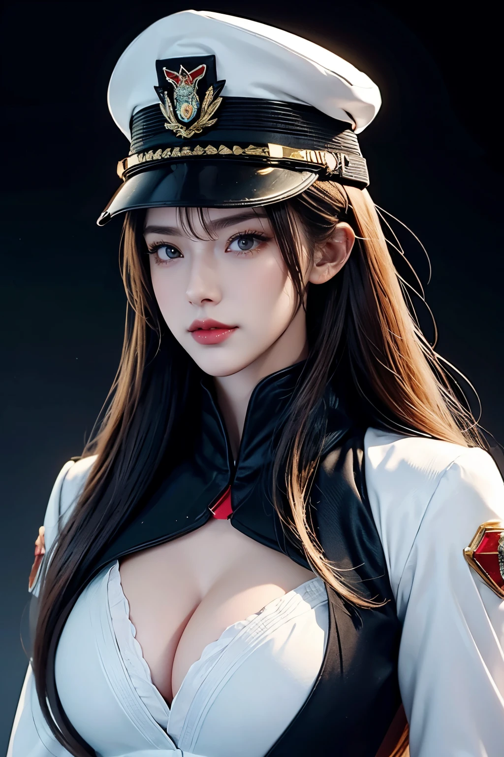 tmasterpiece，Best quality，A high resolution，8K，(Portrait)，((Head close-up：1.5))，(Original photo)，real photograph，digital photography，(A female officer who combines modern style with cyberpunk)，(Female officers)，20岁女孩，Random hairstyles，Red eyes，(White and red gradient hair)，Serious and obsessed，Cleavage， accessories，Hats，Redlip，Keep your mouth shut，scowling，elegant and charming，Serious and arrogant，Calm and handsome，(A modern and cyberpunk uniform)，Combat uniformadges，Photo pose，Realisticstyle，Light magic，City background at night，oc render reflection texture