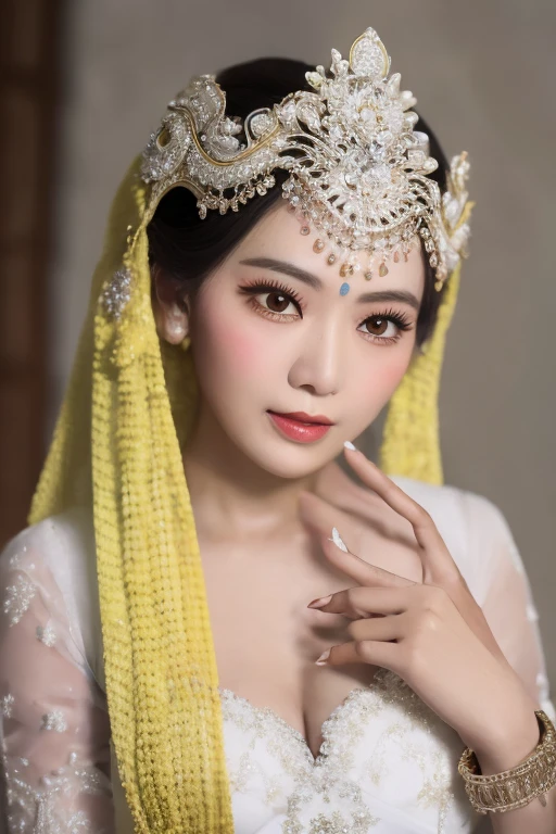 araffe bridal woman in a white dress and a yellow headpiece, traditional beauty, traditional makeup, bride, portrait shot, with professional makeup, traditional, south east asian with round face, by Basuki Abdullah, south east asian with long, closeup portrait shot, photo taken with nikon d750, photo taken with nikon d 7 5 0, mid shot portrait