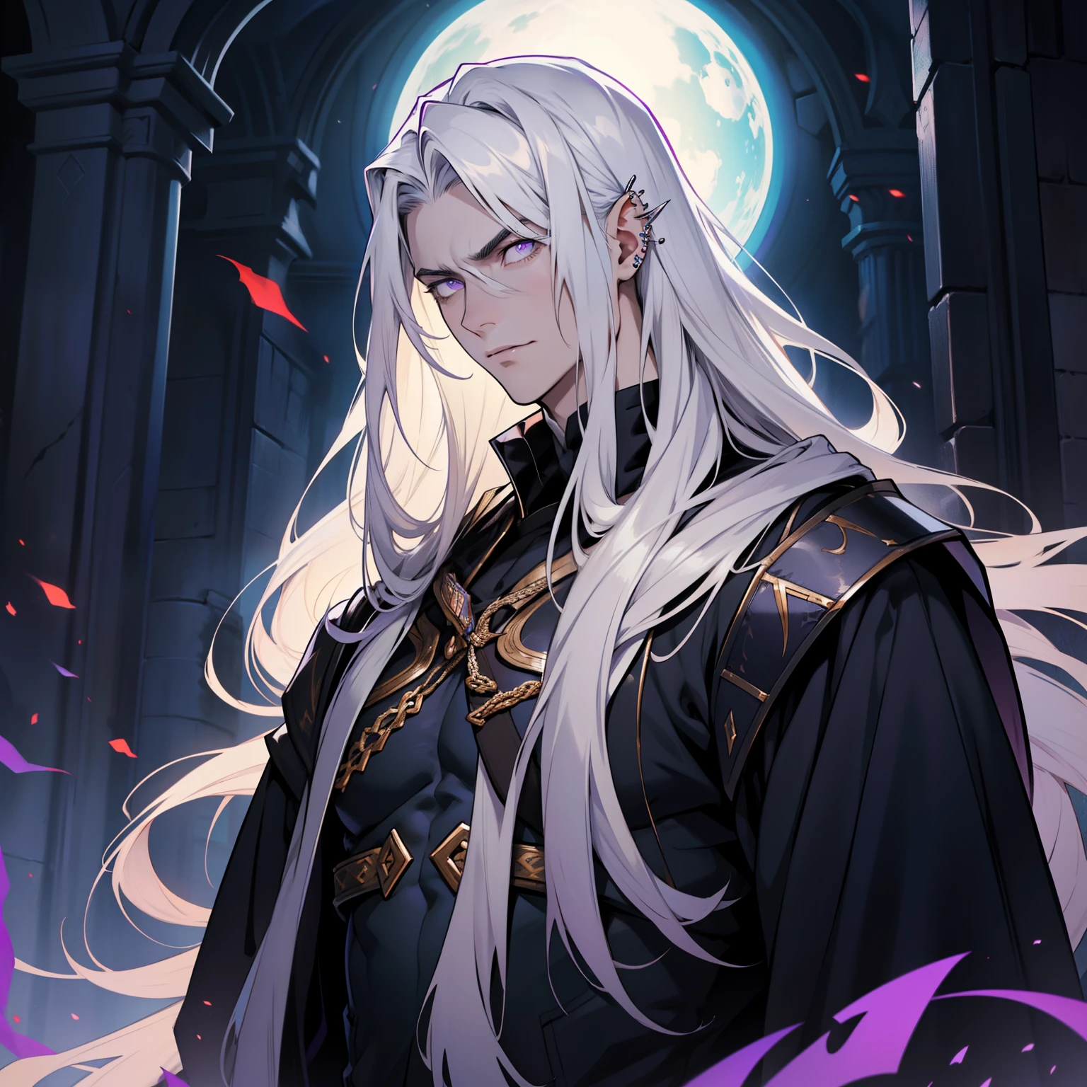Melkor is much taller than the average human. He's about the same height as me - and we're both pretty tall.. he has shoulder-length white hair, Like me, Piercing purple eyes with sharp silver pupils. he is strong、Looks like a warrior prince no matter where you look from . His attitude is proud and dignified.々and has, He carries himself with an unrivaled sense of superiority..
