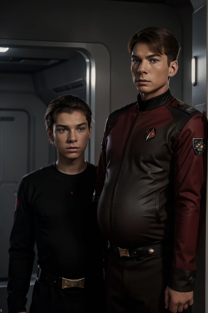((masterpiece)), ((best quality)), ((18 year old 1.4)) ((jean-luc picard age 18 years old 1.4)), ((Patrick stewart deaged to age 18 1.4)) ((age 18 still a boy 1.4)) , eyes brown, ((hair light brown)), fit build, ((uniform colors are red and black only 1.4)), ((wearing a closed red military style starfleet jacket 1.4)), (wearing form fitting flat front black uniform pants 1.4)), ((wearing a black leather belt with gold starfleet buckle 1.4)), ((Rank Ensign)), ((star trek 24th century starfleet)), teen mpreg, teen male pregnancy, ((3 months pregnant 1.4)), Learning about his pregnancy from the doctor, location sickbay, facial expression of worry, starship uss reliant ncc 1864-a