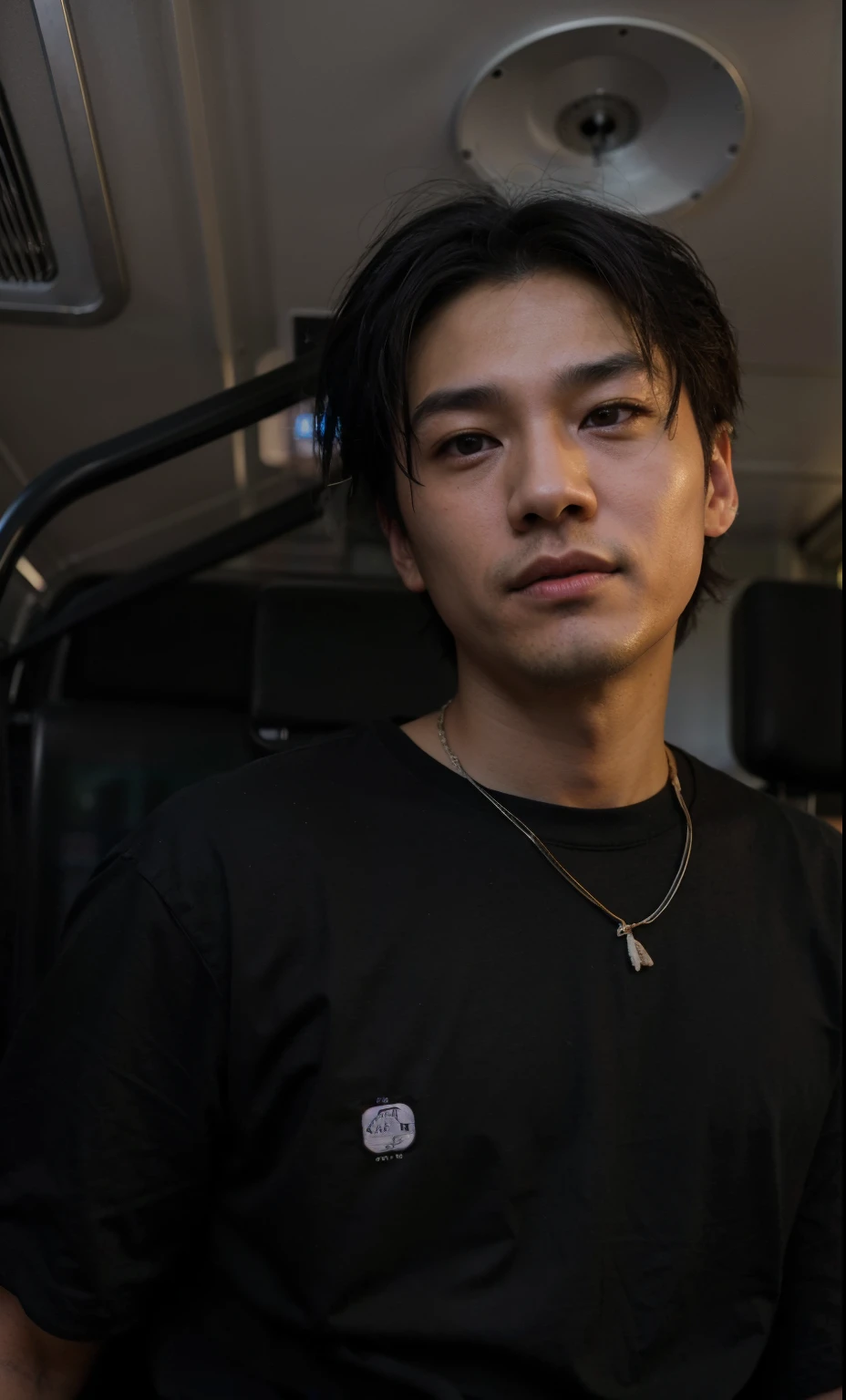 there is a man sitting on a bus with a cell phone, taken in the early 2020s, Jonny Wan, Bonito Chad Chin, he is wearing a black t-shirt, Masami Suda, Hyung Tae, Gregg Araki, Lv, Kim Doyoung, kousuke oono |, Yanjun Chengt, Tanaka Suguru com ponta dos cabelos pintados de azul.