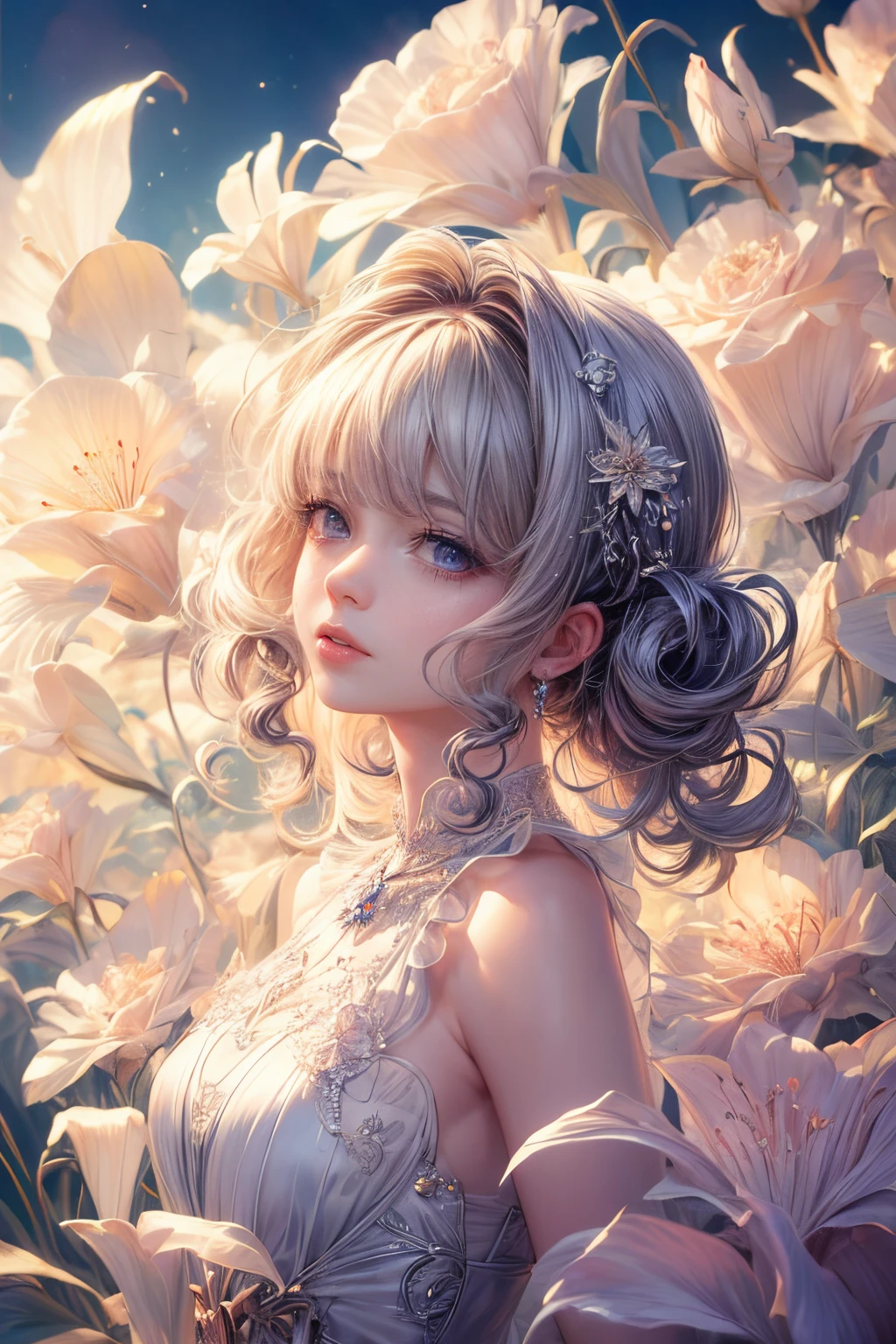(best quality:1.4),(masterpiece:1.4),ultra-detailed,8K,CG,exquisite,upper body,lonely,thumb girl,little princess,chiffon court dress,garden background,detailed facial features,long curly hair,almond eyes,delicate eye makeup,long and thick eyelashes,bright starry eyes, intricate lip details,soft and harmonious style,alternating light and shadow lighting effects.