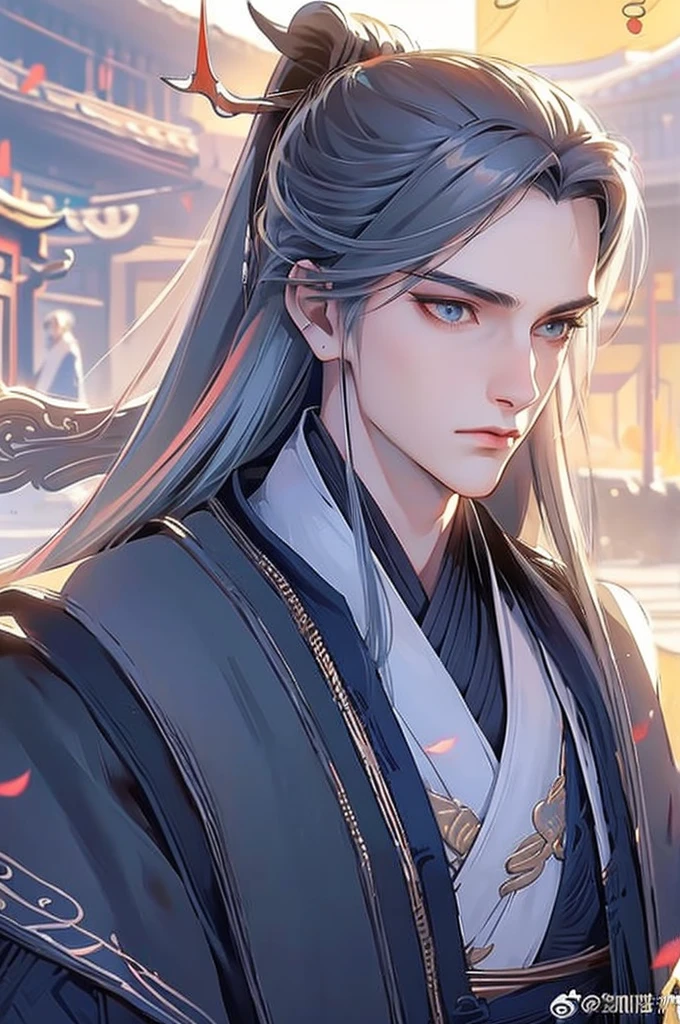 Summer palace,18-year-old young male,Long gray hair,high ponytail focus,(the only person,Upper part of the body,:1.2),Chinese courtyard,Black ancient Hanfu robe,An elegant and luxurious beautiful man,prinz,that tree,Tomorrow,lake,railing,Best Adoni quality,concept-art,Hand-drawn 2D style,Dramatic expression,