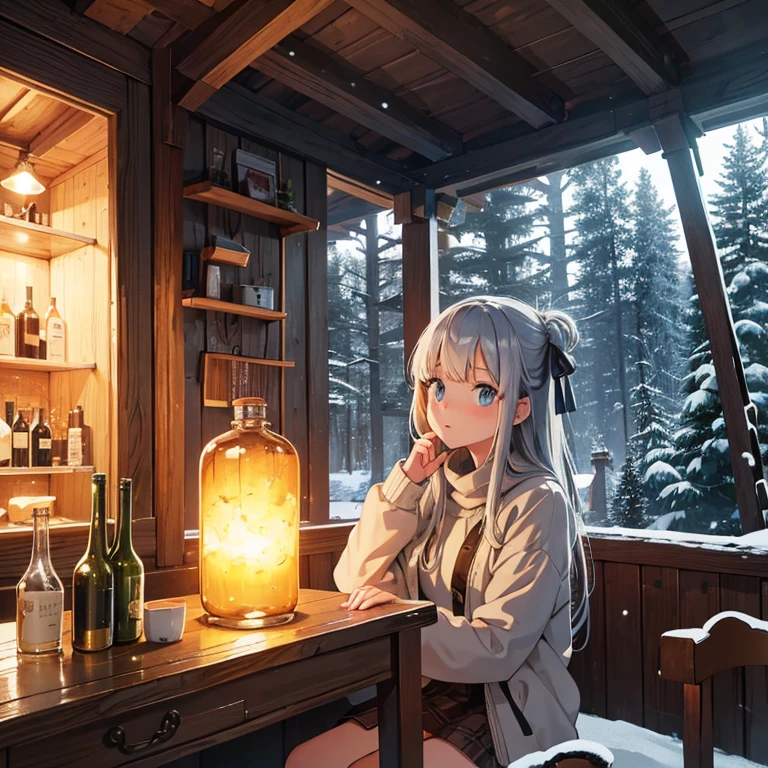 Cute girl staring at a bottle, wooden house, (cottage: 0.9), winter forest, night, warm lighting, (snowman: 0.5), snow, light particles, quiet, scenic, (absurdity: 1.3), high rise , Masterpiece, The World in a Bottle, A Bottle on the Desk