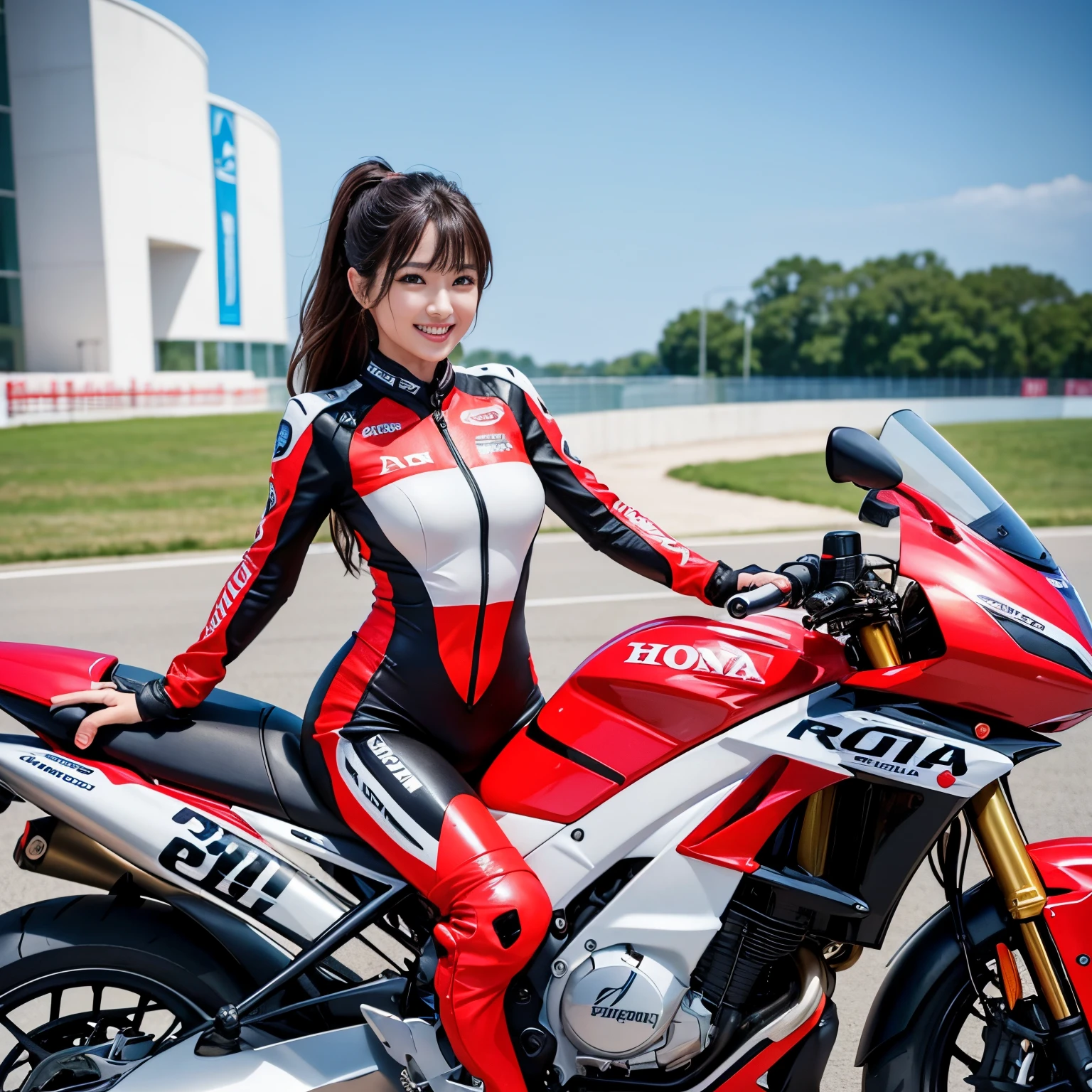 超A high resolution、An ultra-high picture quality、8K、Wonderful expression with attention to detail、1 person woman、Tall slender woman、A woman riding a Honda RC211V race motorcycle、Wear a racing suit、A big smile full of cuteness、Circuit scenery、