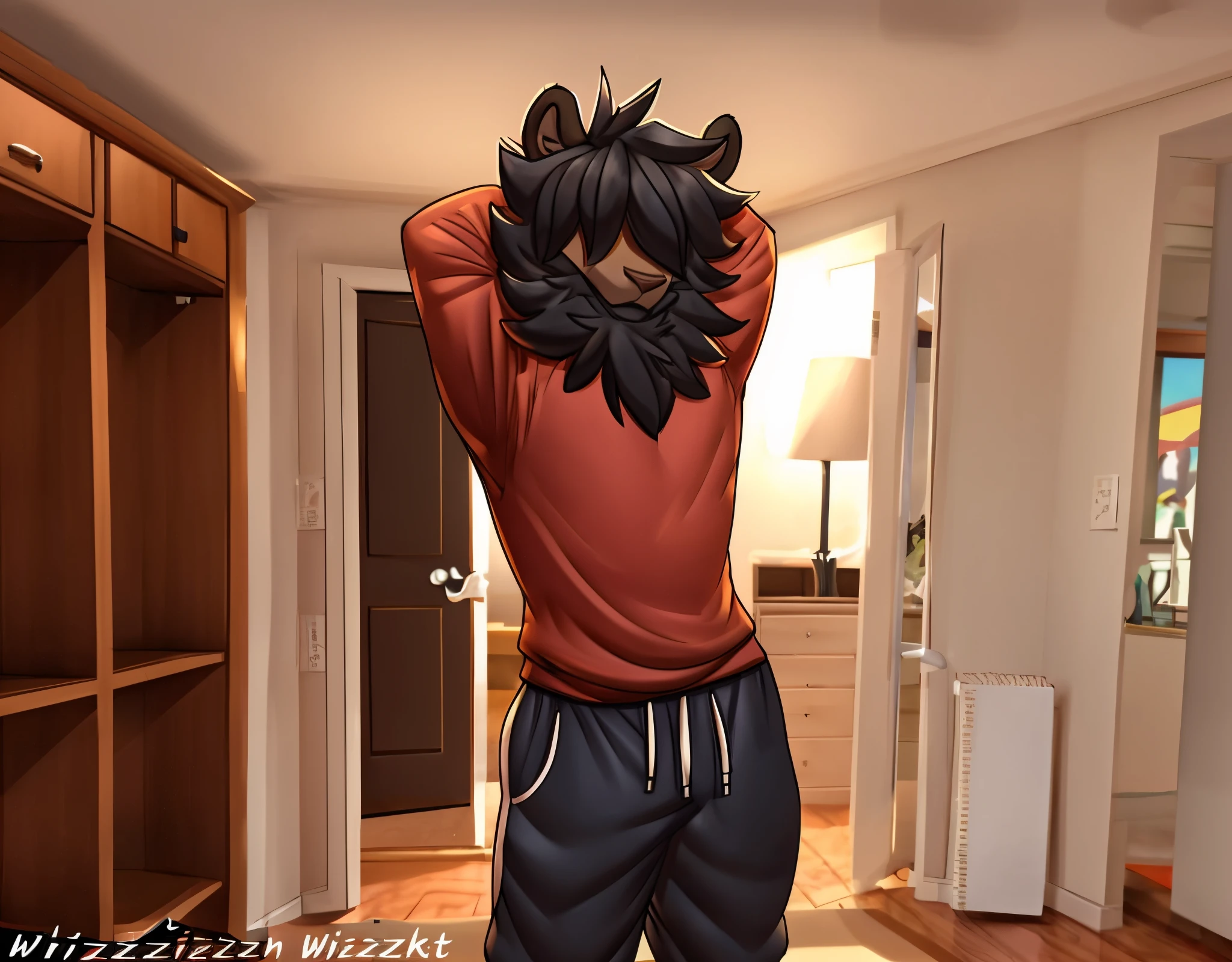 By Wizzkit((Wizzkit: 1.3)), male lion, detailed feminine male body, un-athletic, long fluffy bangs, fluffy mane, no visible eyes, loose t-shirt, loose sweatpants, inside room, highest quality, masterpiece, standing, solo fluffy short hair, looking at viewer, eyeless, bangs covering face