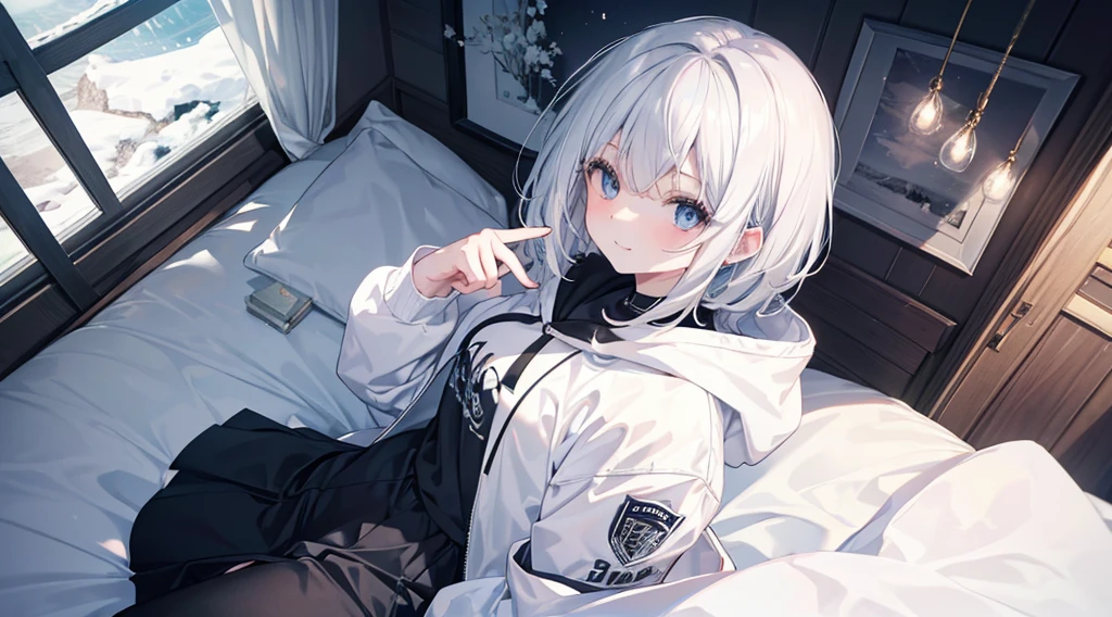 Ultra-high image quality,Look at viewers, hands behind back, girl with, 20 years old, Very short hair, long bangs between eyes, pale blue eyes, Hoodie, Skirt , Blue sky, Sunlight, Extremely detailed,(masterpiece、top-quality)、独奏、White hair、A smile、White skin as clear as snow、Fantastical, Silver hair, Black eyes, Beautiful eyes,, Ecstasy, charmed, be smitten with audience, Hoodie, White hoodie,a black skirt,Hair is short,look down from above,inside in room,on the beds