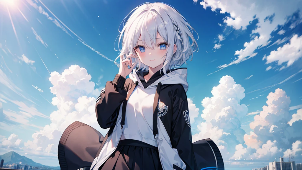 Ultra-high image quality,Look at viewers, hands behind back, girl with, 20 years old, Very short hair, long bangs between eyes, pale blue eyes, Hoodie, Skirt , Blue sky, Sunlight, Extremely detailed,(masterpiece、top-quality)、独奏、White hair、A smile、White skin as clear as snow、Fantastical, Silver hair, Black eyes, Beautiful eyes,, Ecstasy, charmed, be smitten with audience, Hoodie, White hoodie,a black skirt,Hair is short,Blue sky , Sunlight,fantastic landscape,look down from above