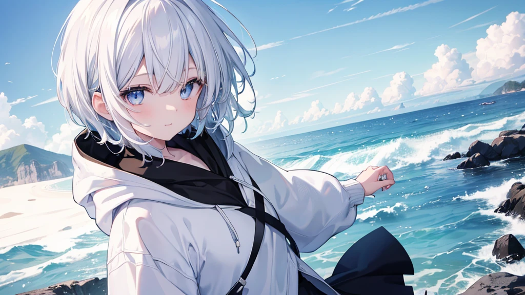 Ultra-high image quality,Look at viewers, hands behind back, girl with, 20 years old, Very short hair, long bangs between eyes, pale blue eyes, Hoodie, Skirt , Blue sky, Sunlight, Extremely detailed,(masterpiece、top-quality)、独奏、White hair、A smile、White skin as clear as snow、Fantastical, Silver hair, Black eyes, Beautiful eyes,, Ecstasy, charmed, be smitten with audience, Hoodie, White hoodie,a black skirt,Hair is short,Blue sky , Sunlight,fantastic landscape,look down from above