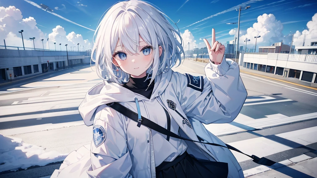 Ultra-high image quality,Look at viewers, hands behind back, girl with, 20 years old, Very short hair, long bangs between eyes, pale blue eyes, Hoodie, Skirt , Blue sky, Sunlight, Extremely detailed,(​masterpiece、top-quality)、独奏、White hair、A smile、White skin as clear as snow、Fantastical, Silver hair, Black eyes, Beautiful eyes,, ???????, charmed, be smitten with audience, Hoodie, White hoodie,a black skirt,Hair is short,Blue sky , Sunlight,fantastic landscape,look down from above