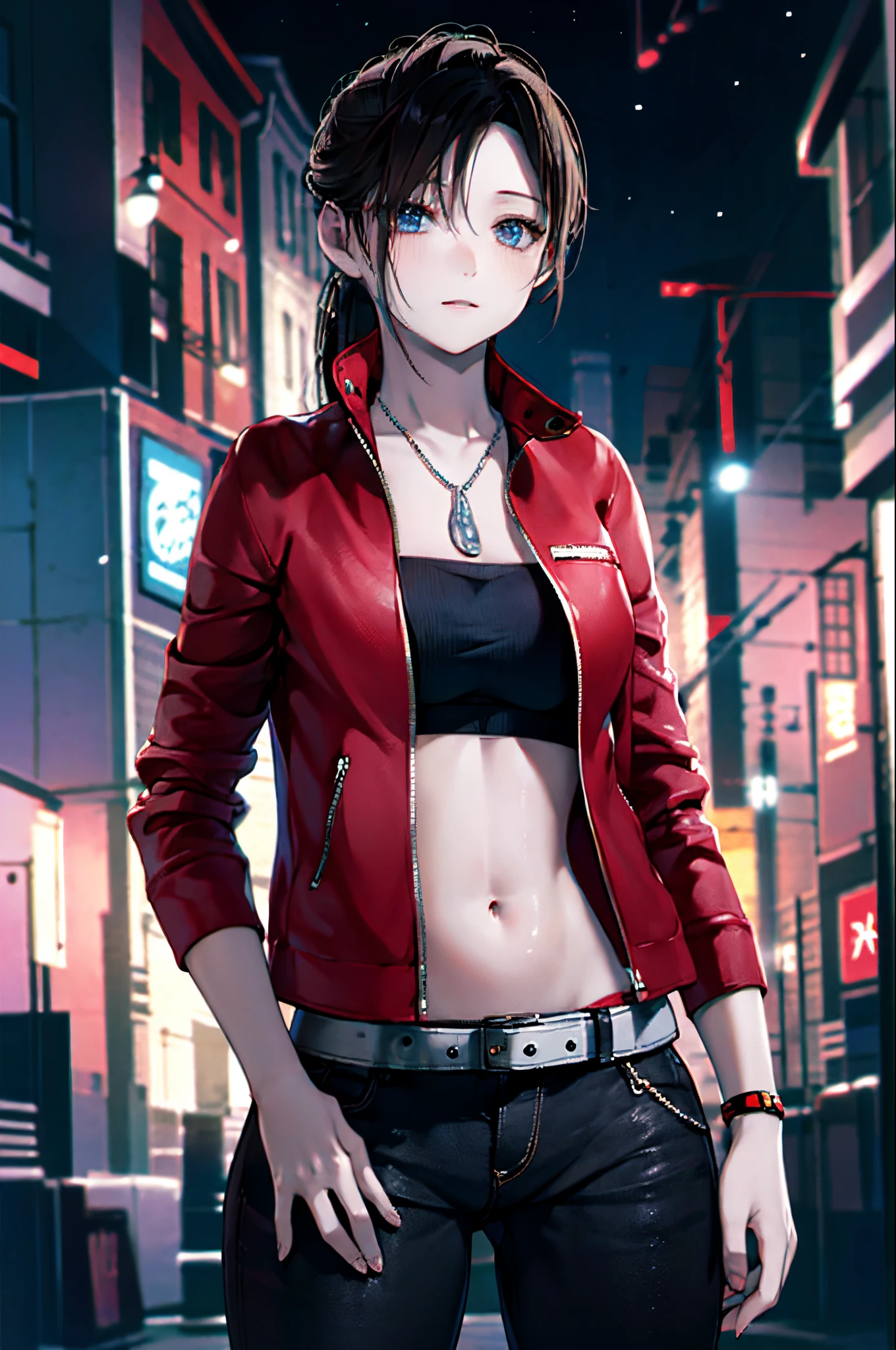 detailed, (masterpiece:1.2), (pale skin:1.2), (solo:1.2), (female:1.1), (emphasis lines:1.3), brunette, (open_red_jacket), long_pants, long_ponytail, collarbone, night, outdoors, empty_city, (glowing_eyes), red_eyes, (white_pupils), small_pupils, (hair_clip)