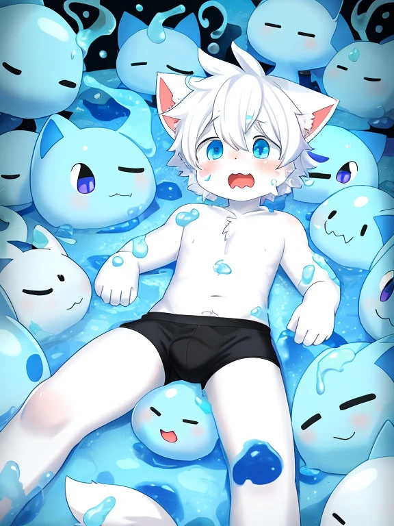 A male white cat among blue slimes，Wearing black boxers，Panicked expression，Covered with mucus，slimes，white cat