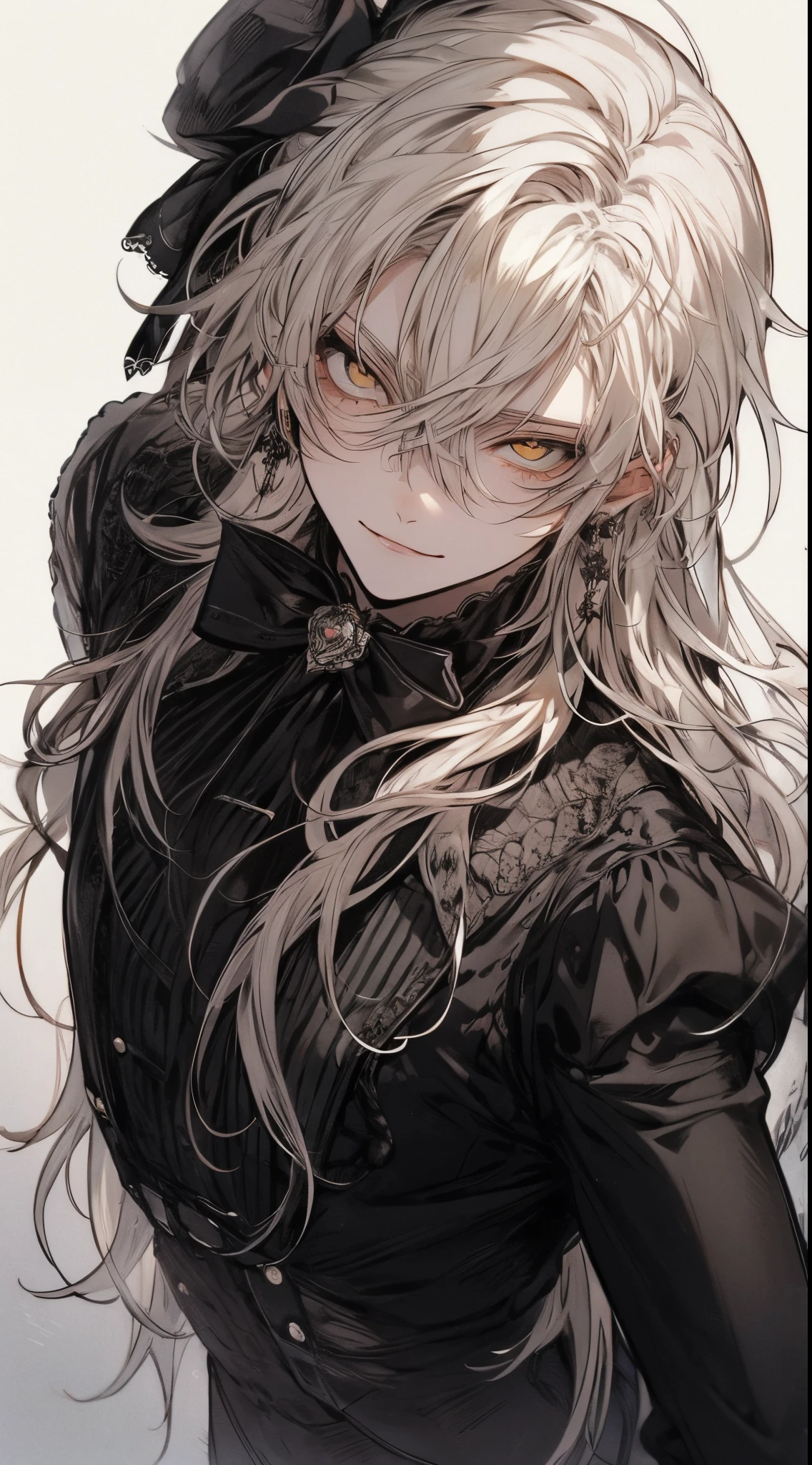 High quality, amount of drawing, pixiv illustration, Beautiful young man, White hair, Long hair, Yellow eyes, slanted eye, Ponytail, black stand up costume, frilld, gothic outfit, Evil smile, Overhead view、Sanpaku eyes