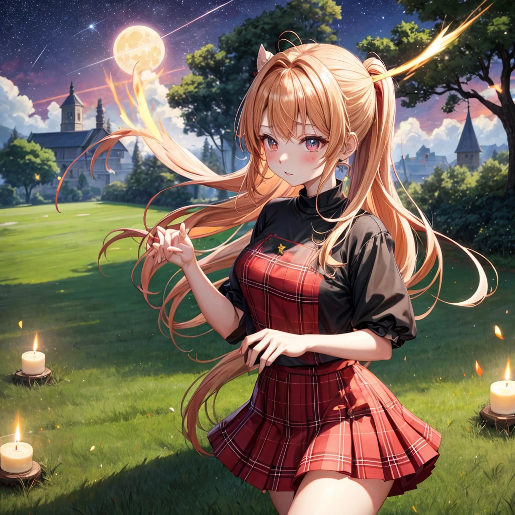Red-blonde、poneyTail、verd s eyes、one good looking girl、独奏、animesque、lightly dressed、Plaid miniskirt、a black T-shirt、large tree、grass field、fullmoon、candle fire、Meteor swarm、starrysky、are flying、drak