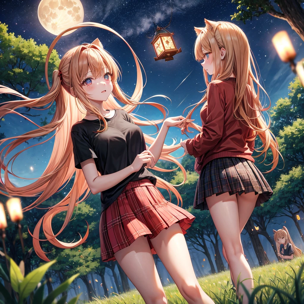 Red-blonde、poneyTail、verd s eyes、one good looking girl、独奏、animesque、lightly dressed、Plaid miniskirt、a black T-shirt、large tree、grass field、fullmoon、candle fire、Meteor swarm、starrysky、are flying、drak