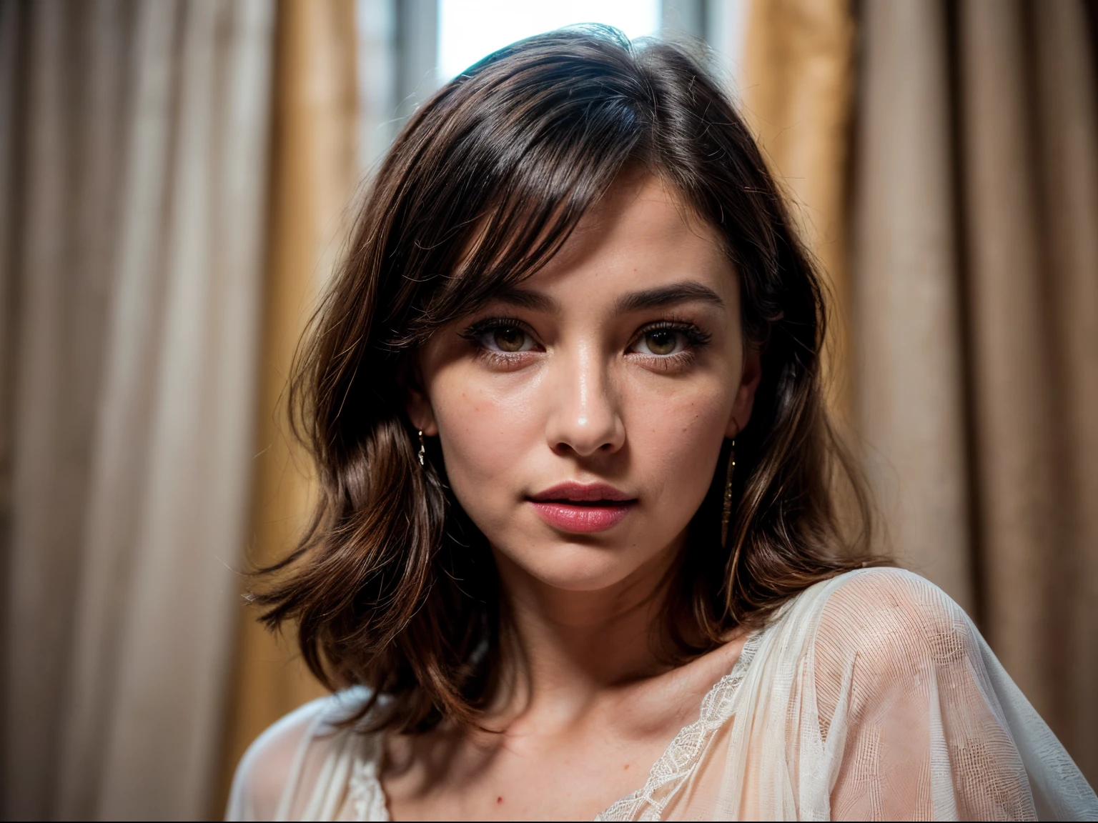 a woman with short bob hair, flawless olive skin, (she's extremely surprised, most beautiful woman on earth, carefully lifts corner of blanket, long hair bangs, (joyful surprise expression), a stunning female , Her skin smooth and radiant, (she's curious to see under sheets),white sheer fabric drapery background, (highest quality fabric texture), lush drapery with accent highlights, film quality, sun-kissed blushing skinned woman, blushing, (ultra-realistic , she's in deep darkness ,soft accent window light, gorgeous Rembrandt style lighting, (Rembrandt patch), (highest quality fabric texture), matte gray fabric, Her luscious, hair, framing her face, ultra-realistic, adorned with long, fluttering lashes, the color of sunset, a world of seduction and passion. Finely detailed,(Fine-grained), (highest detail skin texture peach-fuzz earlobe realistic) ○○ res – ultra high high resolution , very high texture res(light resolution), Realistic – Realistic Photorealistic hands and fingers – (photorealistic beautiful 4k) , 8K,extreme detail, close and intimate, captivating, teasing, Her perfectly sculpted lips, lifelike, highly real lipgloss,painted a bold shade of crimson. she Ingres, Vermeer, a work of art, curvaceous and enticing. indulge in the exploration of desire.solo woman, (highest quality fabric texture), every detail,Fine facial features, Masterpiece – Masterpiece ○○ quality – ○○ quality best quality(Highest Quality) ,Leica film, best, solo female, High quality (hiquality) etc ○○ detailed – ○○ details ultra detailed(Ultra-fine ), Photorealistic, Extremely detailed(Extremely detailed) , Finely detailed(Fine-grained), (highest detail skin texture peachfuzz earlobe realisttc ○○ res – ○○ resolution ultra high res(A high resolution) , very high texture