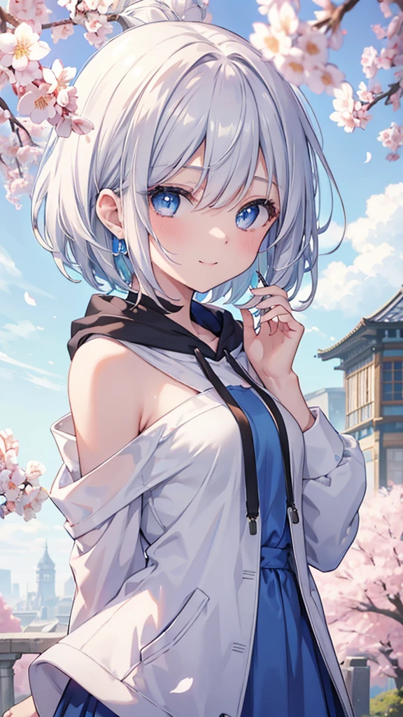 mid-shot, Look at viewers, hands behind back, girl with, 20 years old, Very short hair, long bangs between eyes, hair over shoulder, Grey Hair, Floating hair, ^ ^, pale blue eyes, Short dress, Hoodie, Skirt, Bare shoulder, White clothes, Blue sky, Nature, Sunlight, Extremely detailed,(masterpiece、top-quality)、独奏、1womanl、White hair、the tips of the hair are blue、Blue eyes、A smile、White skin as clear as snow、Fantastical,Small breasts, Silver hair, Blue eyes, Beautiful eyes, girl, Ecstasy, charmed, be smitten with audience, Hoodie, Hoodie with open front, fantastic landscape, Shoulder out,White muffler,Cherry blossom background,Soio