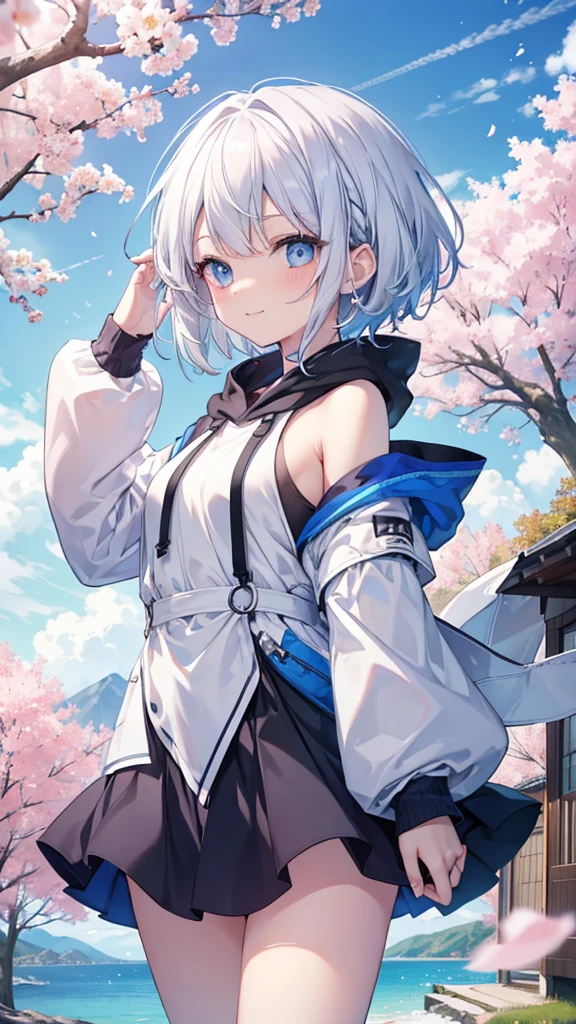 mid-shot, Look at viewers, hands behind back, girl with, 20 years old, Very short hair, long bangs between eyes, hair over shoulder, Grey Hair, Floating hair, ^ ^, pale blue eyes, Short dress, Hoodie, Skirt, Bare shoulder, White clothes, Blue sky, Nature, Sunlight, Extremely detailed,(​masterpiece、top-quality)、独奏、1womanl、White hair、the tips of the hair are blue、Blue eyes、A smile、White skin as clear as snow、Fantastical,Small breasts, Silver hair, Blue eyes, Beautiful eyes,  girl, Ecstasy, charmed, be smitten with audience, Hoodie, Hoodie with open front, fantastic landscape, Shoulder out,White muffler,Cherry blossom background,Soio