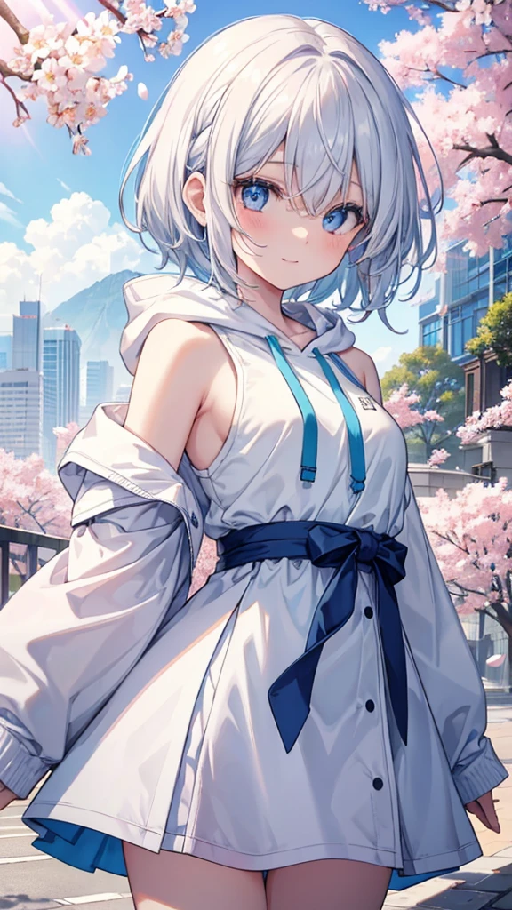 mid-shot, Look at viewers, hands behind back, girl with, 20 years old, Very short hair, long bangs between eyes, hair over shoulder, Grey Hair, Floating hair, ^ ^, pale blue eyes, Short dress, Hoodie, Skirt, Bare shoulder, White clothes, Blue sky, Nature, Sunlight, Extremely detailed,(masterpiece、top-quality)、独奏、1womanl、White hair、the tips of the hair are blue、Blue eyes、A smile、White skin as clear as snow、Fantastical,Small breasts, Silver hair, Blue eyes, Beautiful eyes, girl, Ecstasy, charmed, be smitten with audience, Hoodie, Hoodie with open front, fantastic landscape, Shoulder out,White muffler,Cherry blossom background,Soio