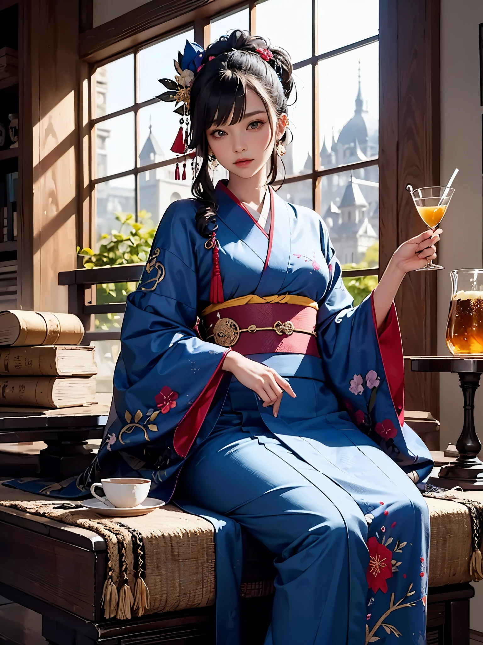 (masterpiece, top quality, best quality, official art, beautiful and aesthetic:1.2), (1girl),elaborate costume(Luxurious Japan kimono(Colorful kimono(detailed embroidery))), extreme detailed,(Fractal art),colorful,highest detailed,昼間のWestern castle in the background,having a tea party,