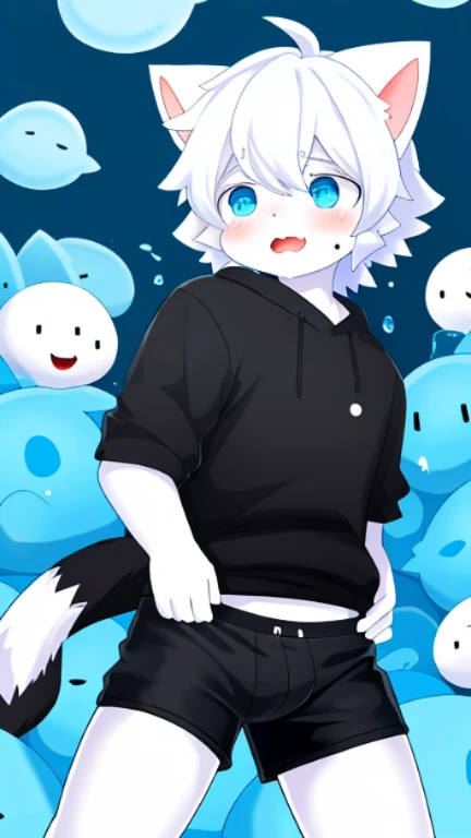 A male white cat among blue slimes，Wearing black boxers，A panicked expression，Covered with mucus，slimes，white cat