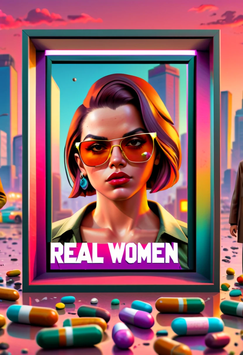 GTA women faces inside a capsuled pills, Capsuled, pills, GTA style txt that says, " real women exist ", GTA women face characters inside a capsuled pills, framed, " real women exist " ..(best quality,4k,8k,highres,masterpiece:1.2),ultra-detailed,(realistic,photorealistic,photo-realistic:1.37),illustration,detailed characters,cityscape, GTA faces inside a framed capsuled pills, framed, vibrant colors,natural lighting,gritty textures,lively atmosphere,late afternoon,contrast,highly detailed sign,street art, GTA faces inside a framed capsuled pills, empowering,confident,dynamic pose,red lipstick,cool sunglasses,street fashion,tattoos,graffiti wall,multiple layers of buildings,crowded streets,neon lights,GTA-inspired architecture,fast cars,racing,action-packed,adventurous,high-rise buildings,towering skyscrapers,bustling city life,traffic jam,reflection on wet pavement,nighttime ambiance.