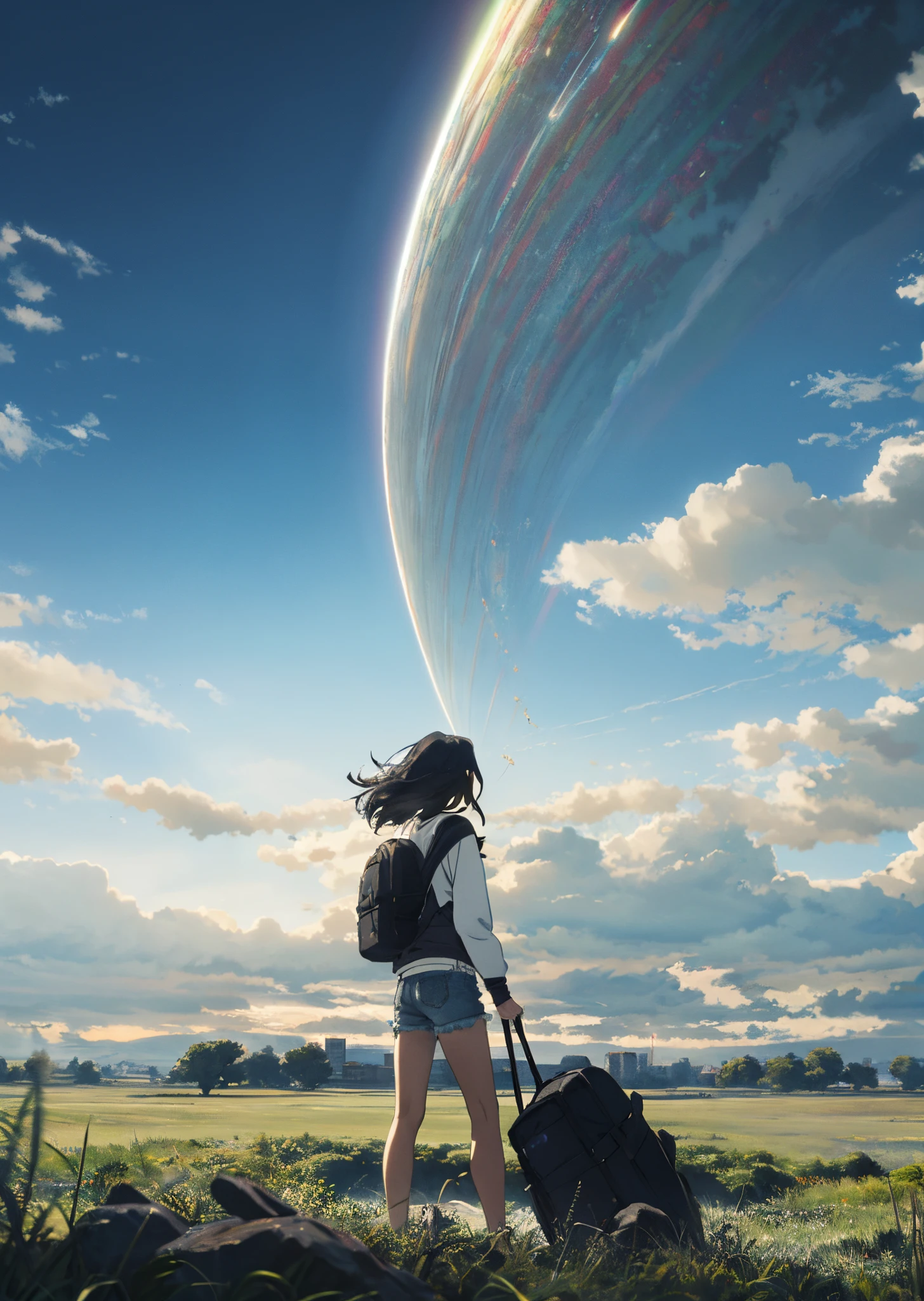 The vast sky, beautiful skyline, large grasslands, extremely tense and dramatic pictures, moving visual effects, the high-hanging Polaris, and colorful natural light. A long-sleeved top, denim shorts, and a black girl with a backpack.