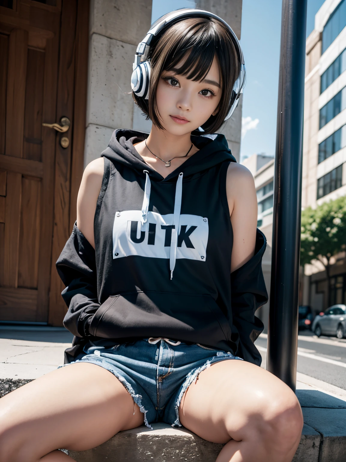 (​masterpiece、ultra-detailliert、8K、top-quality:1.5)、((Awesome))、Shorthair with bangs、((Wearing a black hoodie、White sleeveless、Blue shorts))、smil、((Wear black headphones around your neck))、sitting on、a park、Put both hands in the pockets of your hoodie