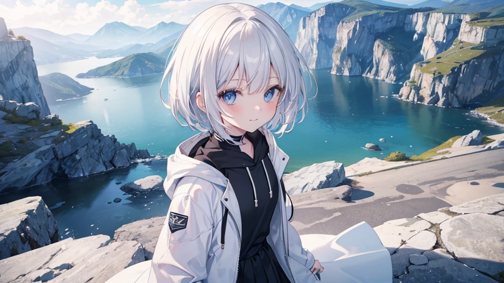 Ultra-high image quality,Look at viewers, hands behind back, girl with, 20 years old, Very short hair, long bangs between eyes, pale blue eyes, Hoodie, Skirt , Extremely detailed,(​masterpiece、top-quality)、report、White hair、A smile、White skin as clear as snow、Fantastical, Silver hair, Black eyes, Beautiful eyes,, Ecstasy, charmed, be smitten with audience, Hoodie, White hoodie,a black skirt,Hair is short,look down from above,(masutepiece, Best Quality:1.1),report, 1girll, Curve,White jacket, Casual style,Open jacket,  Cowboy Shot、report、Fluttering hair、a small face、hason、Bright smile、(parka、white sneaker fingers、Human hand)、(Detailed face) 、(top-quality: 1.4、tmasterpiece、 hyper HD、 Top resolution,、Very detailed、 profetional lighting、 Gray Light Lighting,fantastic landscape,Blue sky, Sunlight,look down from above,portraitures