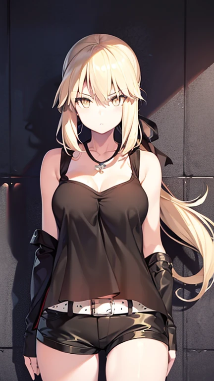 1girl, medium breasts, long messy hair,
Yellow eyes, blonde hair, black tanktop, upper body, close up, salter