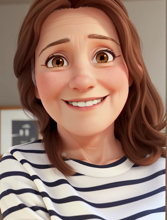 55-year-old lady, brown hair, light brown eyes, smiling and wearing a white blouse with dark blue stripes