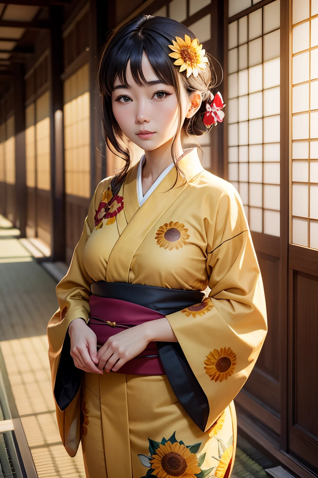 Top quality A woman wearing a sunflower-print yukata in Kyoto