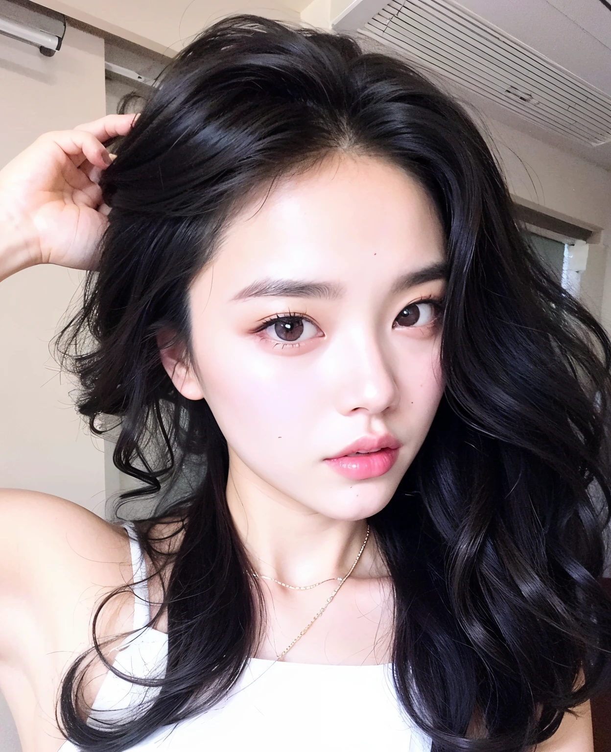 devastated Asian woman with long black hair and a white blouse, maquiagem sul-coreana popular, maquiagem coreana popular, Ulzzang, Mulher sul-coreana bonita, Heonhwa Choe, cruel korean goth girl, linda mulher coreana jovem, menina coreana, wan adorable korean face, mulher coreana jovem bonita, young adorable korean face, korean face features