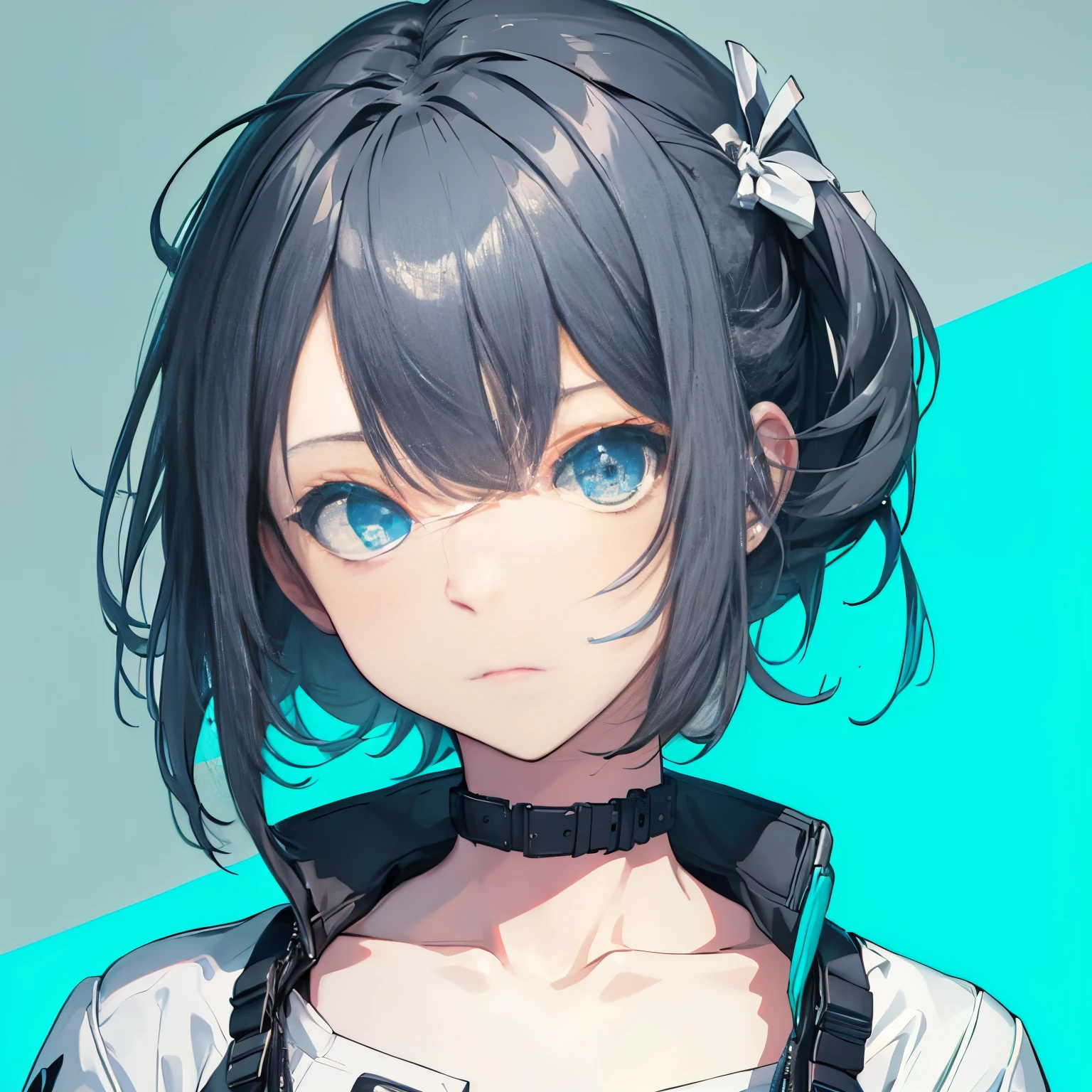 (masutepiece:1.2, Best Quality),  [girl, Manteau, expressioness, Turquoise eyes, front facing, jet-black hair, Jacket comes off, Upper body] (Gray white background:1.7),