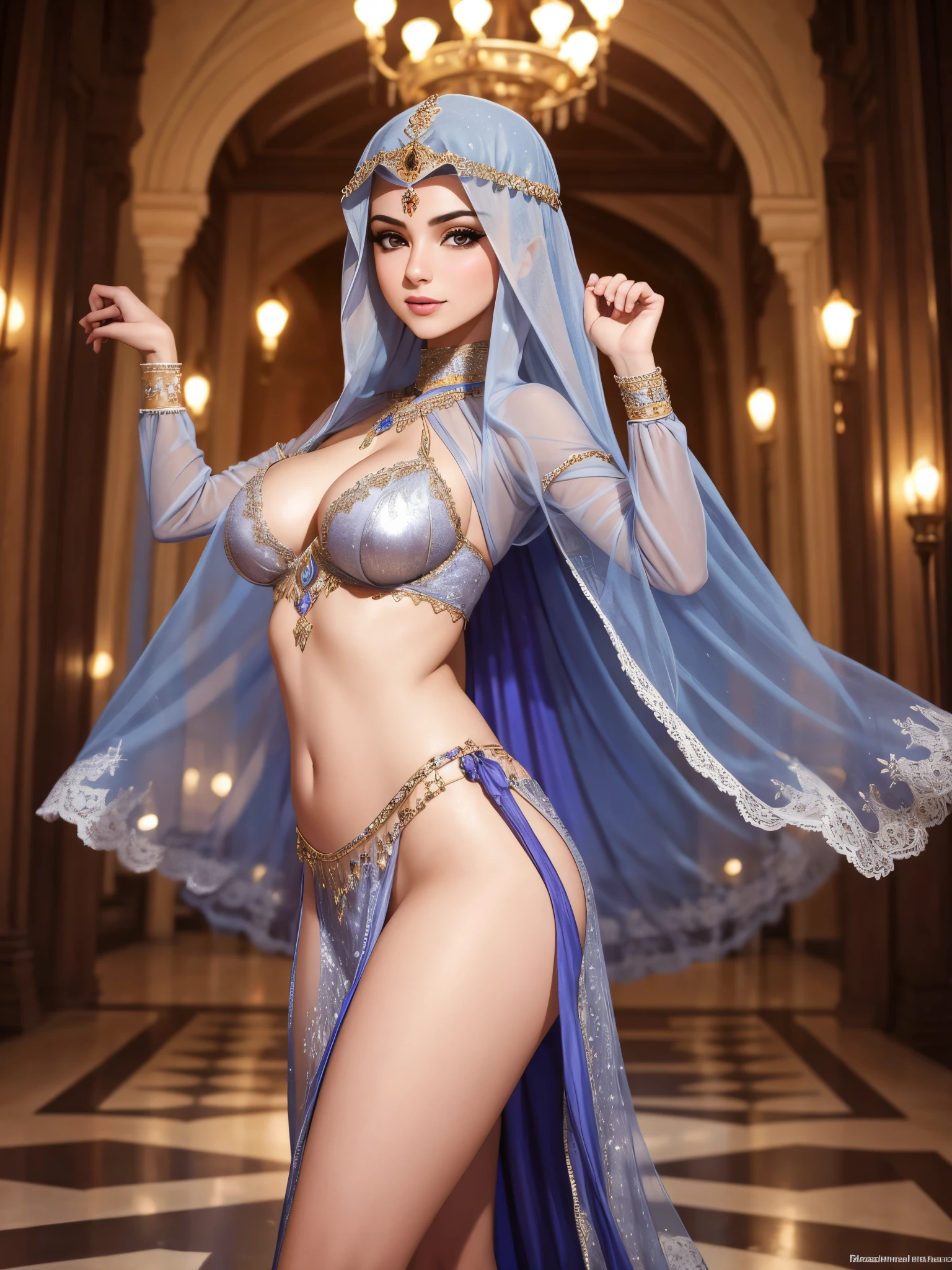 Arabian Night,Bewitching dances,palatial palace,Beautiful breasts,silver see-through costume