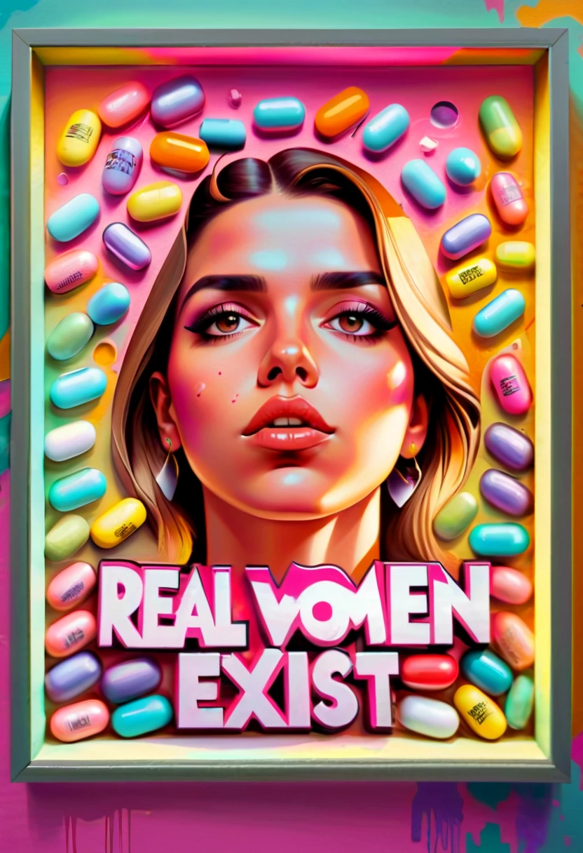 GTA women faces inside a capsuled pills,capsuled,pills,GTA style txt that says "real women exist",GTA women face characters inside a capsuled pills,framed,"real women exist",medium:oil painting,long eyelashes,vibrant colors,soft lighting,highres,ultra-detailed,realistic,photorealistic:1.37,graffiti style,contrasted lighting,holographic,fine brush strokes,shiny texture,urban scenery,expressive poses,confident expressions,fierce attitude,dynamic movements,vivid emotions,graffiti patterns,colorful backgrounds