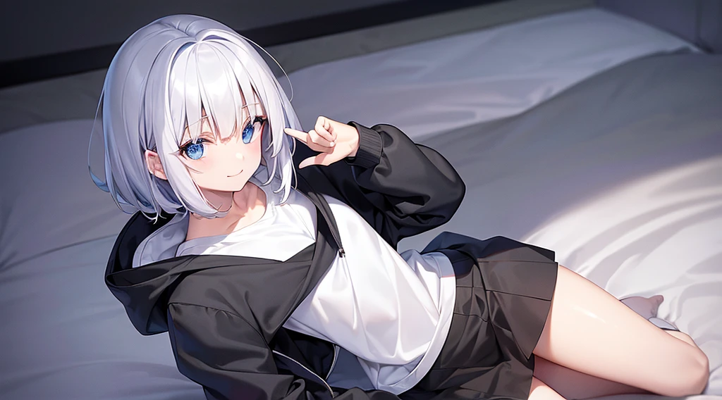 Ultra-high image quality,Look at viewers, hands behind back, girl with, 20 years old, Very short hair, long bangs between eyes, pale blue eyes, Hoodie, Skirt , Extremely detailed,(​masterpiece、top-quality)、report、White hair、A smile、White skin as clear as snow、Fantastical, Silver hair, Black eyes, Beautiful eyes,, Ecstasy, charmed, be smitten with audience, Hoodie, White hoodie,a black skirt,Hair is short,look down from above,(masutepiece, Best Quality:1.1),report, 1girll, Curve,White jacket, Casual style,Open jacket, Fluttering hair、a small face、hason、Bright smile、(parka、white sneaker fingers、Human hand)、(Detailed face) 、(top-quality: 1.4、tmasterpiece、 hyper HD、 Top resolution,、Very detailed、 profetional lighting、 Gray Light Lighting,fantastic landscape, Sunlight,Shoulder out,inside in room,on the beds