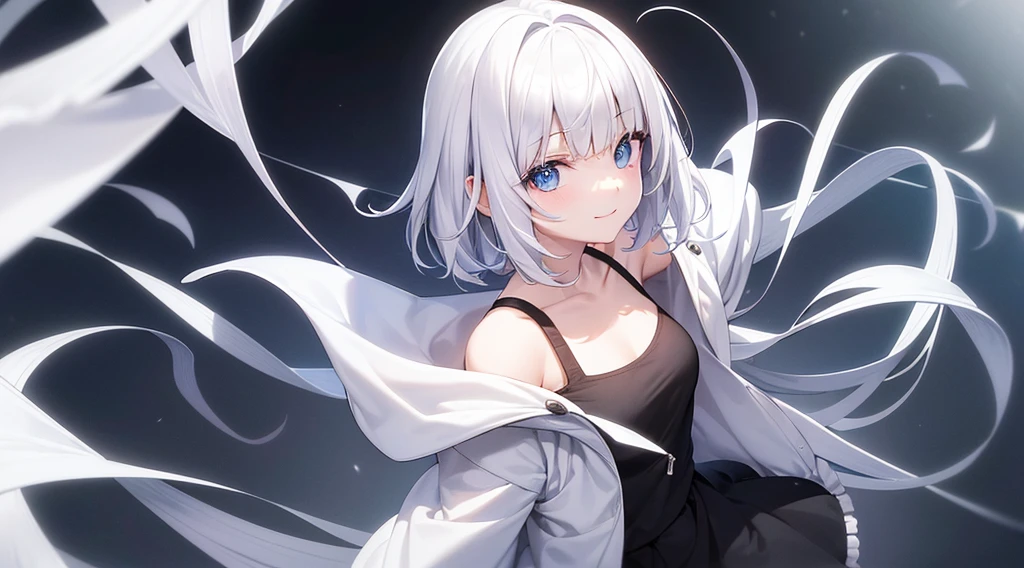 super high quality,look at the audience, place your hands behind your back, with a girl, 20-year-old, とてもshort hair, long bangs ween the eyes, pale blue eyes, hoodie, skirt , blue sky, sunlight, very detailed,(masterpiece、highest quality)、alone、gray hair、laughter、White skin as clear as snow、fantasy, silver hair, black eye, beautiful eyes,, ecsttractive, be smitten with audience, hoodie, 白いhoodie,黒いskirt,short hair,blue sky , sunlight,fantasyな風景,looking down from above、Close-up