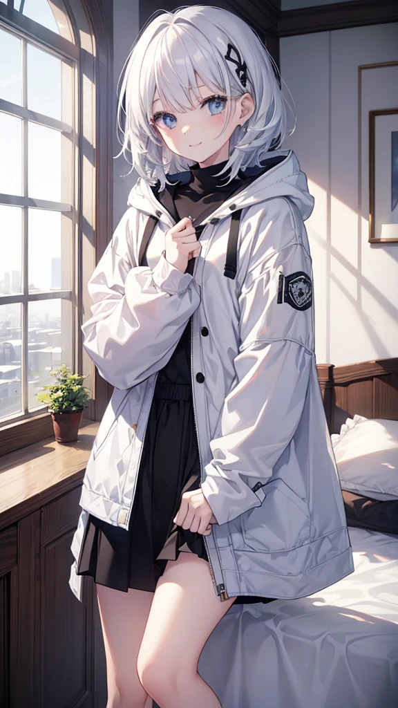 Ultra-high image quality,Look at viewers, hands behind back, girl with, 20 years old, Very short hair, long bangs between eyes, pale blue eyes, Hoodie, Skirt , Extremely detailed,(masterpiece、top-quality)、report、White hair、A smile、White skin as clear as snow、Fantastical, Silver hair, Black eyes, Beautiful eyes,, Ecstasy, charmed, be smitten with audience, Hoodie, White hoodie,a black skirt,Hair is short,look down from above,(masutepiece, Best Quality:1.1),report, 1girll, Curve,White jacket, Casual style,Open jacket, Fluttering hair、a small face、hason、Bright smile、(parka、white sneaker fingers、Human hand)、(Detailed face) 、(top-quality: 1.4、tmasterpiece、 hyper HD、 Top resolution,、Very detailed、 profetional lighting、 Gray Light Lighting,fantastic landscape, Sunlight,Shoulder out,inside in room,on the beds