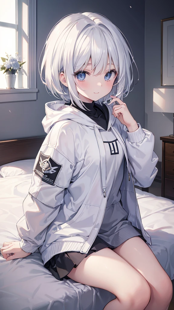 Ultra-high image quality,Look at viewers, hands behind back, girl with, 20 years old, Very short hair, long bangs between eyes, pale blue eyes, Hoodie, Skirt , Extremely detailed,(masterpiece、top-quality)、report、White hair、A smile、White skin as clear as snow、Fantastical, Silver hair, Black eyes, Beautiful eyes,, Ecstasy, charmed, be smitten with audience, Hoodie, White hoodie,a black skirt,Hair is short,look down from above,(masutepiece, Best Quality:1.1),report, 1girll, Curve,White jacket, Casual style,Open jacket, Fluttering hair、a small face、hason、Bright smile、(parka、white sneaker fingers、Human hand)、(Detailed face) 、(top-quality: 1.4、tmasterpiece、 hyper HD、 Top resolution,、Very detailed、 profetional lighting、 Gray Light Lighting,fantastic landscape, Sunlight,Shoulder out,inside in room,on the beds