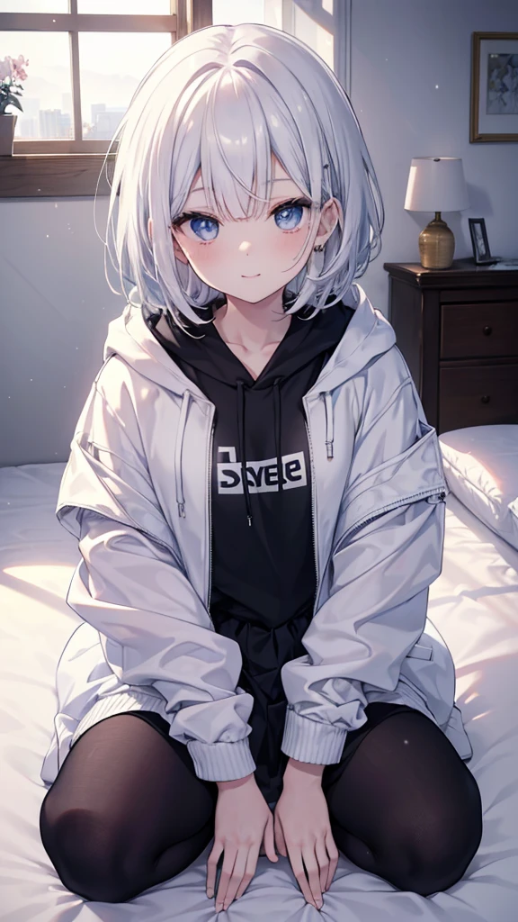 Ultra-high image quality,Look at viewers, hands behind back, girl with, 20 years old, Very short hair, long bangs between eyes, pale blue eyes, Hoodie, Skirt , Extremely detailed,(​masterpiece、top-quality)、report、White hair、A smile、White skin as clear as snow、Fantastical, Silver hair, Black eyes, Beautiful eyes,, Ecstasy, charmed, be smitten with audience, Hoodie, White hoodie,a black skirt,Hair is short,look down from above,(masutepiece, Best Quality:1.1),report, 1girll, Curve,White jacket, Casual style,Open jacket, Fluttering hair、a small face、hason、Bright smile、(parka、white sneaker fingers、Human hand)、(Detailed face) 、(top-quality: 1.4、tmasterpiece、 hyper HD、 Top resolution,、Very detailed、 profetional lighting、 Gray Light Lighting,fantastic landscape, Sunlight,Shoulder out,inside in room,on the beds