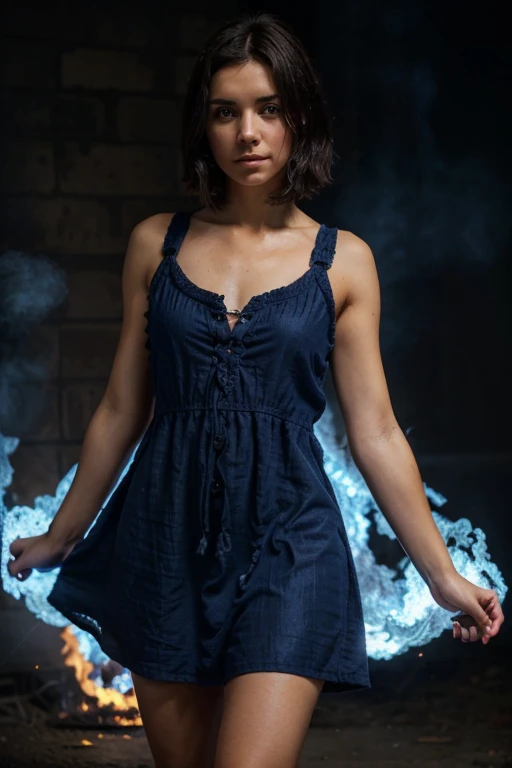 cute girl with short, dark hair, wearing a short, simple, sleeveless dark brown crudely woven sack dress, looking at the camera, bathed in burning blue flames